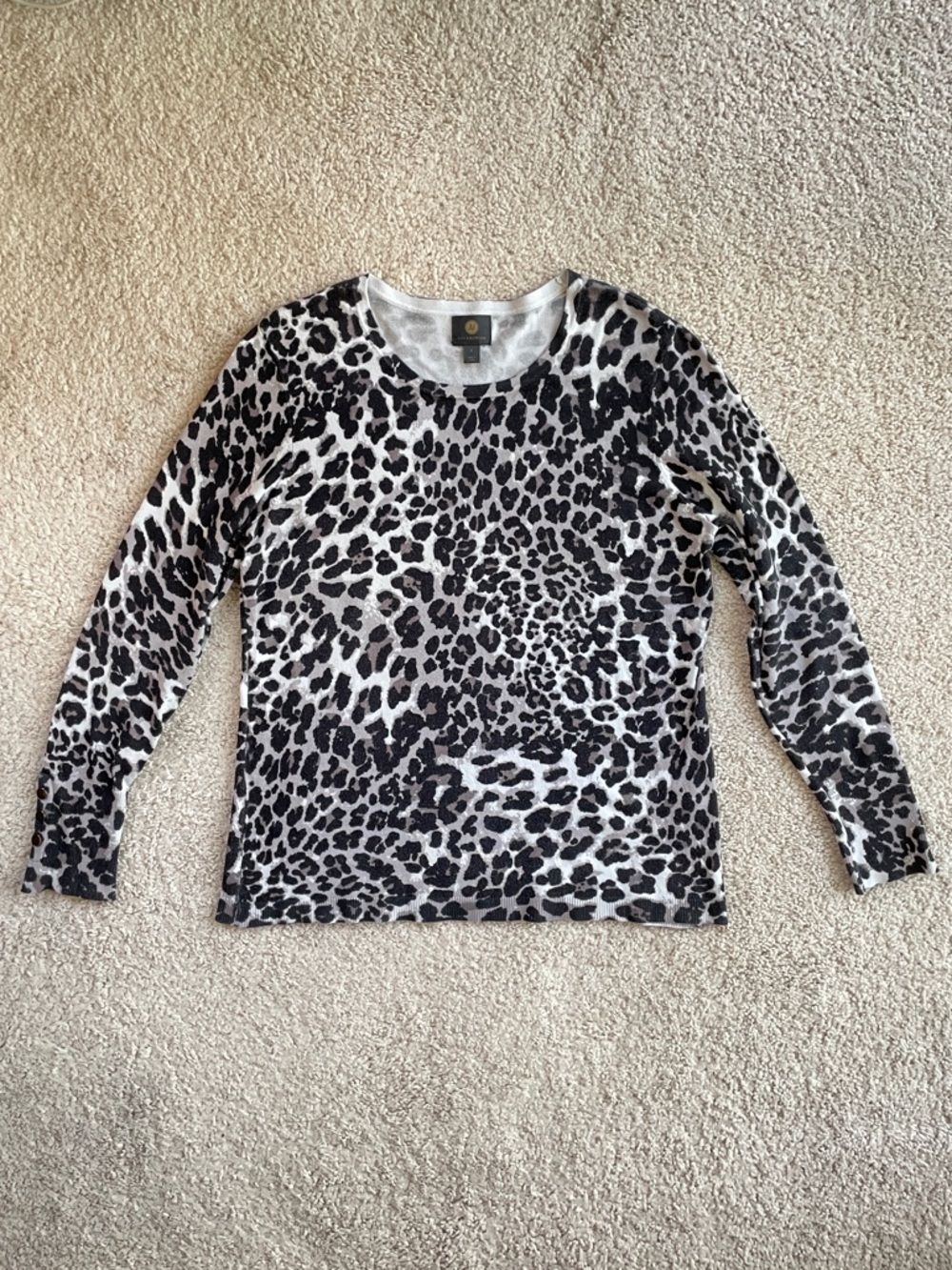 JM Collection Black Gray Leopard Print Long Sleeve Crewneck Sweater Size Large